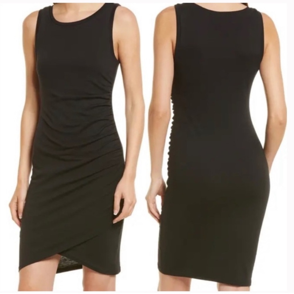 LEITH Nordstrom Black Side Ruched Stretchy Tulip Bodycon Dress SZ MED Sleeveless